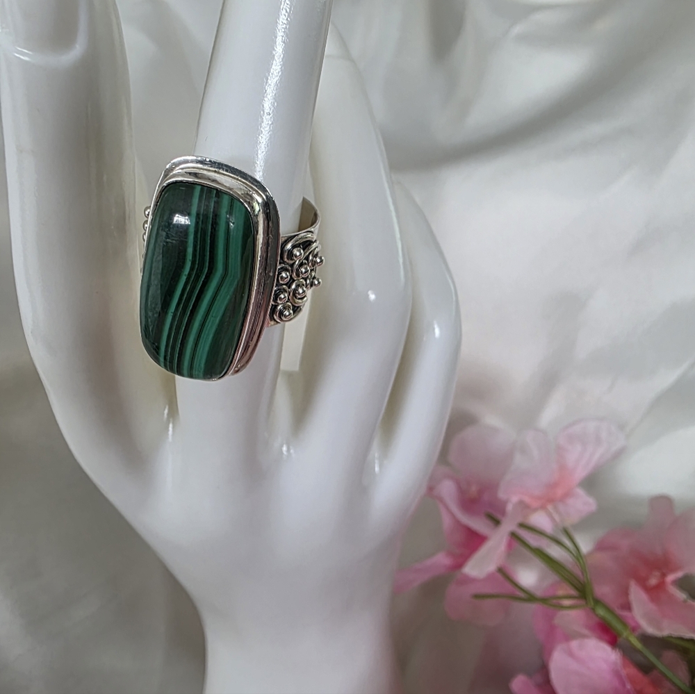 Sterling Silver Rectangle Malachite Green Stone R… - image 2